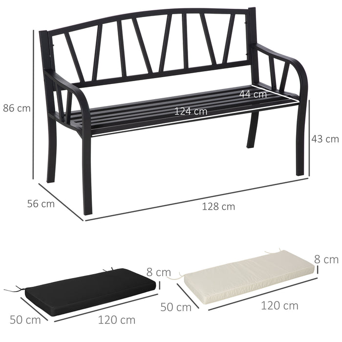 Metal Loveseat Garden Bench - Slatted 2-Seater with Decorative Backrest and Cushions - Ideal for Parks and Outdoor Relaxation in Cream White and Black