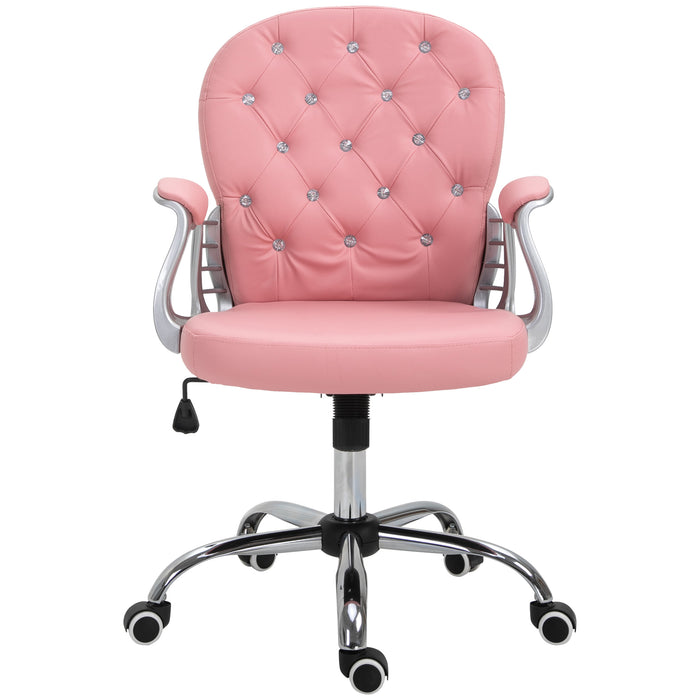 Ergonomic 360° Swivel Office Chair with PU Leather - Diamante Padded Base & 5 Castor Wheels in Pink - Perfect for Home Office Comfort