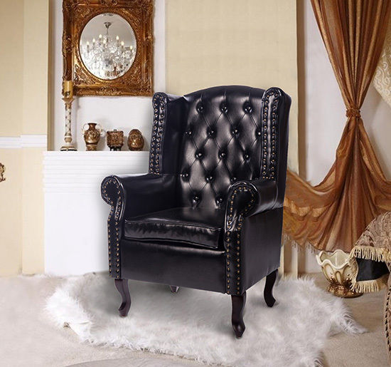 Antique High Back Chesterfield Armchair - Queen Anne PU Leather Fireside Chair with Cushion, Black - Elegant Seating for Living Room and Library