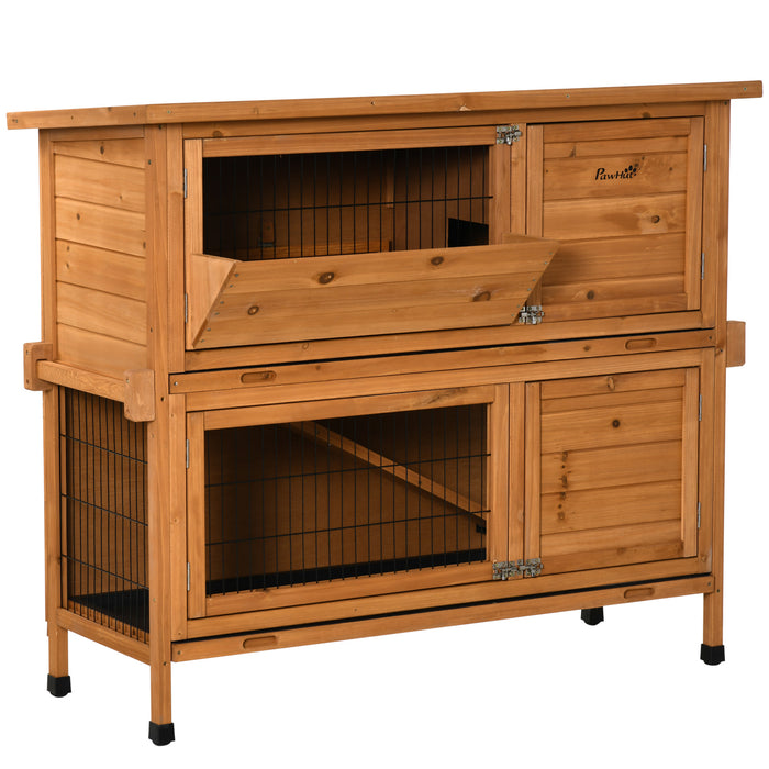 Double-Decker 2-Tier Rabbit & Guinea Pig Hutch - Wooden Pet Cage with Sliding Tray, Asphalt Roof, and Access Ramp, 120x50x104 cm, Orange - Ideal for Outdoor Small Animal Shelter