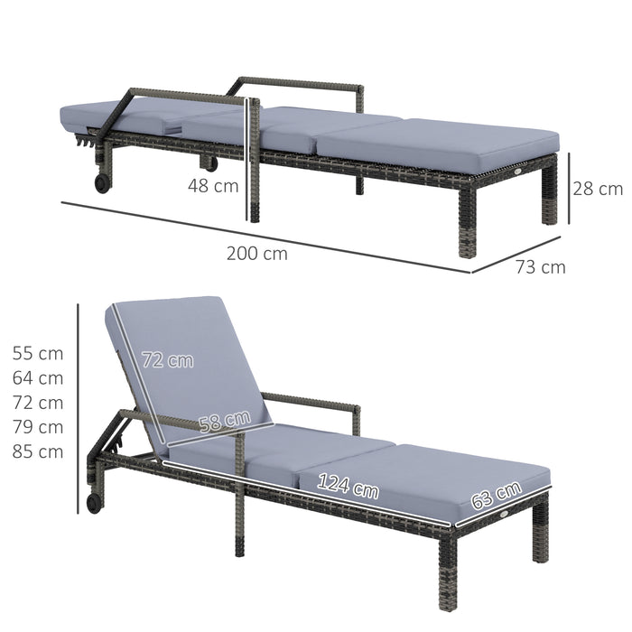 Outdoor Rattan Sun Lounger Duo - Adjustable Wicker Chaise Recliner Chairs, 5 Positions, Wheels - Patio Relaxation and Comfort in Dark Grey