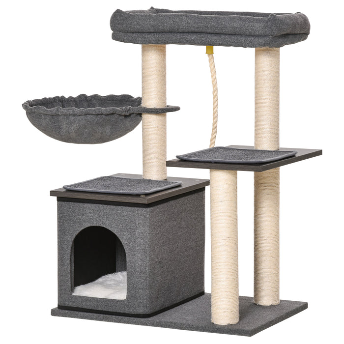 Cat Tree Tower for Climbing - Multi-Level Activity Center with Sisal Scratching Posts, Cozy Bed, Condo & Teasing Rope - Ideal for Kittens & Agile Cats, 60x40x83cm, Dark Grey