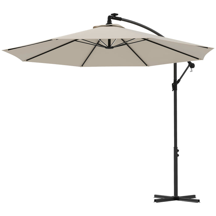 Solar LED Cantilever Parasol - 3m Hanging Garden Umbrella with Cross Base and Crank Handle, Beige Banana Sun Shade - Ideal for Outdoor Patio Use and Nighttime Ambiance