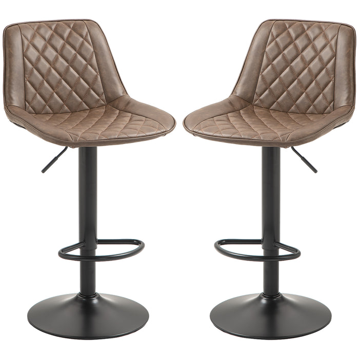 Retro Adjustable Swivel Bar Chairs, Set of 2 - Brown PU Leather Upholstery with Steel Base and Footrest - Comfortable High-Back Kitchen Stools for Home Bar & Dining