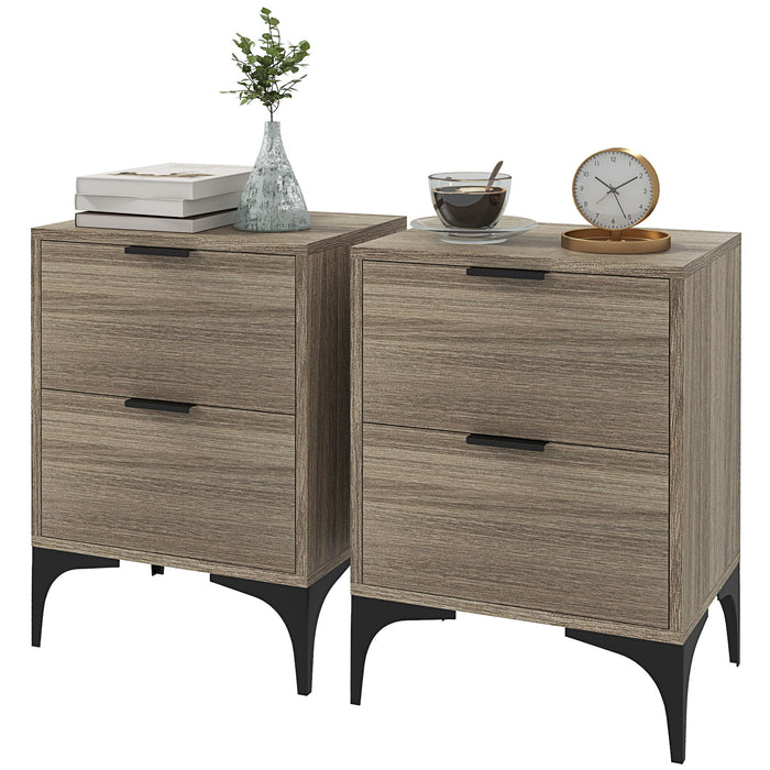 Modern 2-Drawer Nightstands - Bedside Tables with Storage and Steel Legs, Set of 2 - Perfect for Bedroom and Living Room Use, Grey