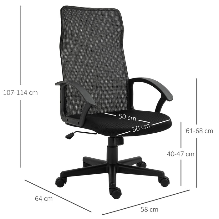 Executive High Mesh Back Chair - Adjustable Height with Wide Padded Seat and Fixed Armrests - Comfortable Home and Office Support, Black