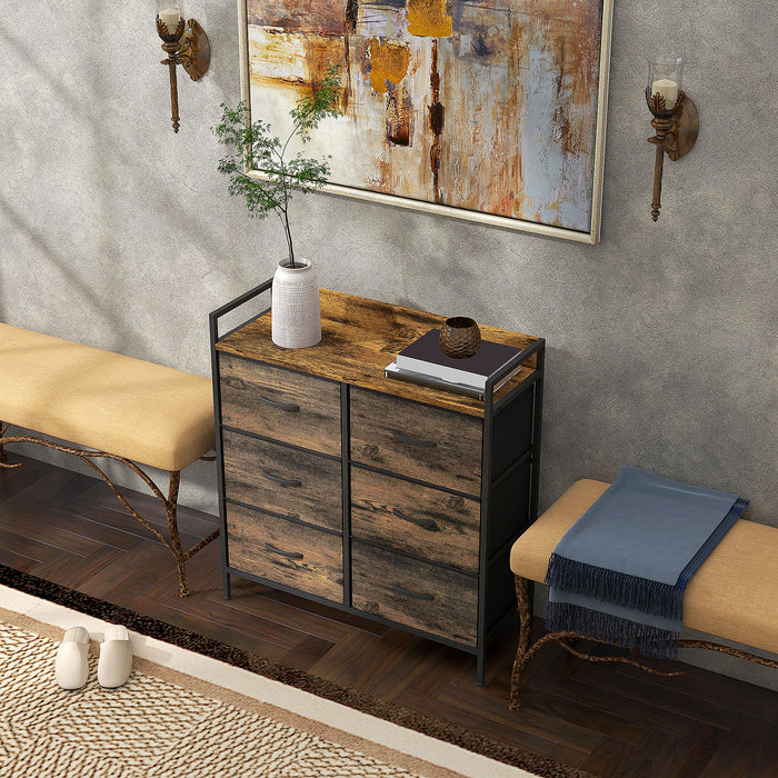 Rustic Storage Unit with Fabric Bins - 6-Drawer Chest with Elegant Wood Finish - Ideal for Bedroom Organization