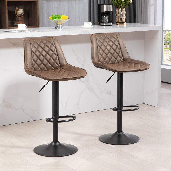 Retro Adjustable Swivel Bar Chairs, Set of 2 - Brown PU Leather Upholstery with Steel Base and Footrest - Comfortable High-Back Kitchen Stools for Home Bar & Dining