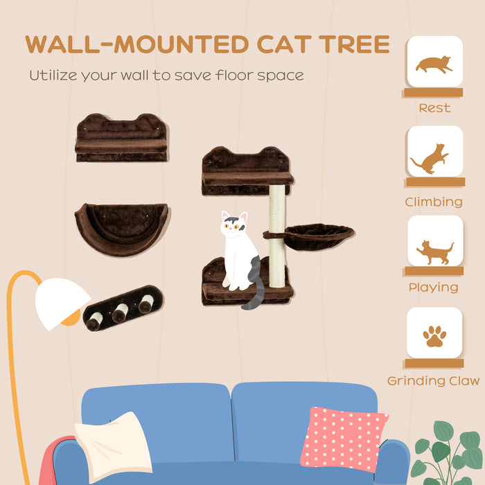 Wall-Mounted Cat Play System with 4 Pieces - Includes Scratch Post, Hammock, Cozy Nest in Brown - Perfect for Cat Climbing and Lounging