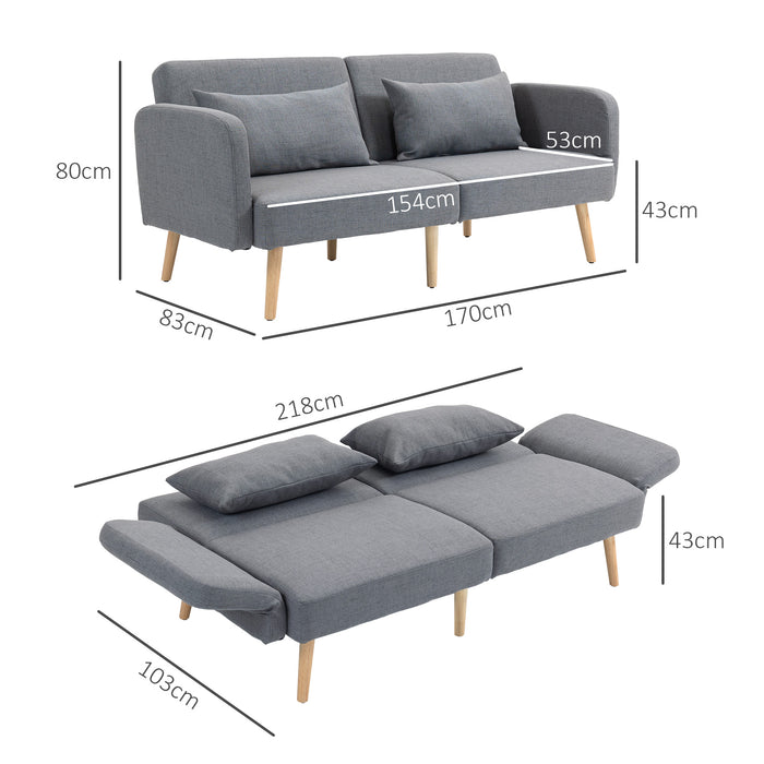 Convertible 3/2-Seater Sofa Bed - Modern Fabric Loveseat Couch with 2 Cushions, Grey - Ideal for Living Room and Guest Room Comfort