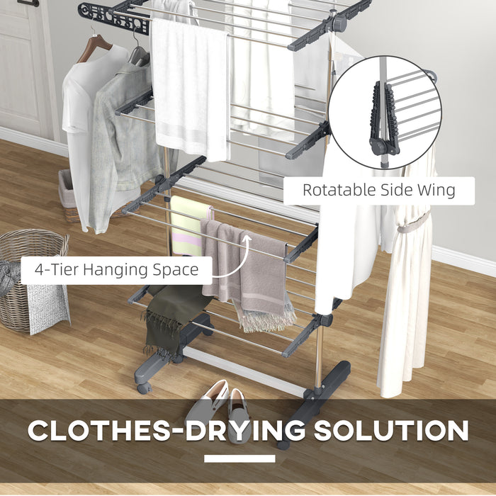 4-Tier Clothes Airer with Wheels and Wings - Foldable, Stainless Steel Indoor/Outdoor Clothes Drying Rack - Space-Saving Design for Easy Laundry Management