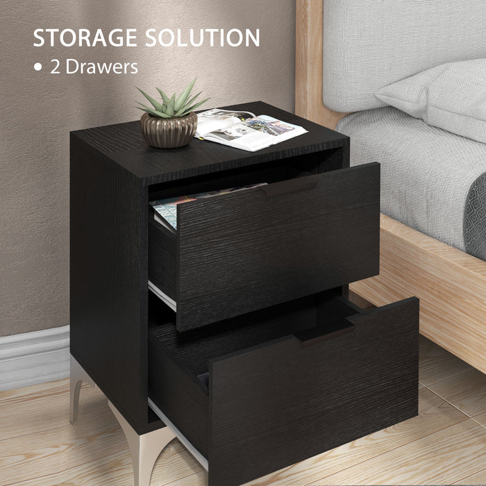 Modern 2-Drawer Nightstand Set - Small Bedside/Sofa End Tables with Steel Legs, Black - Ideal Bedroom and Living Room Storage Solution