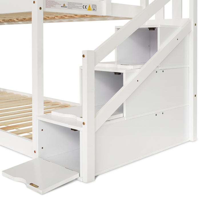 Solid Pine Wood Twin Sleeper with Storage - Cabin Bunk Bed with Built-in Staircase, Cupboards, and Underbed Drawers, 235x97x217 cm in White - Ideal Space Saver for Kids' Bedroom