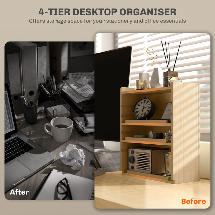 Four-Tier Oak-Toned Desktop Organizer - Space-Saving Office Storage Solution - Ideal for Decluttering Workspaces