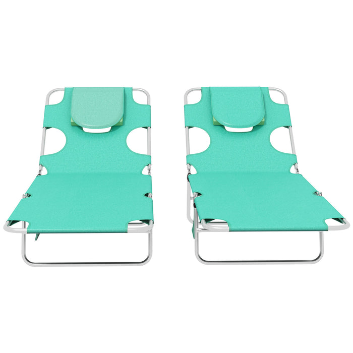 Foldable Sun Lounger Set of 2 with Reading Hole - Adjustable Reclining Chair with Side Pocket and Headrest Pillow - Perfect for Patio Relaxation and Sunbathing