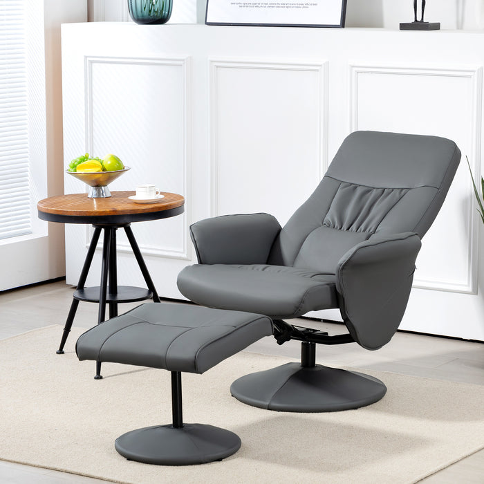 Elegant Swivel Recliner Chair & Footstool Set - High Back PU Leather Armchair with Ottoman, Grey - Ideal for Comfortable Living Room Lounging