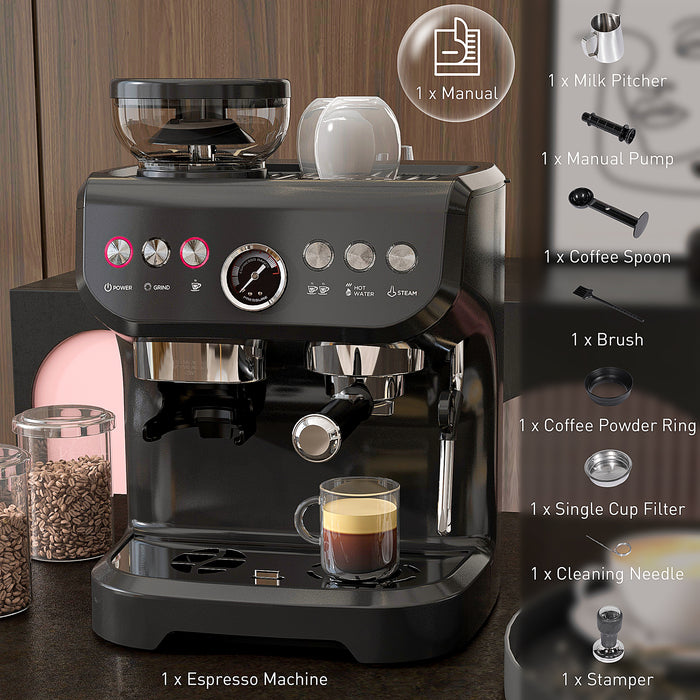 15 Bar Espresso Maker with Adjustable Grind and Steamer - Essential Coffee Machine with Accessories - Perfect for Home Baristas and Coffee Aficionados