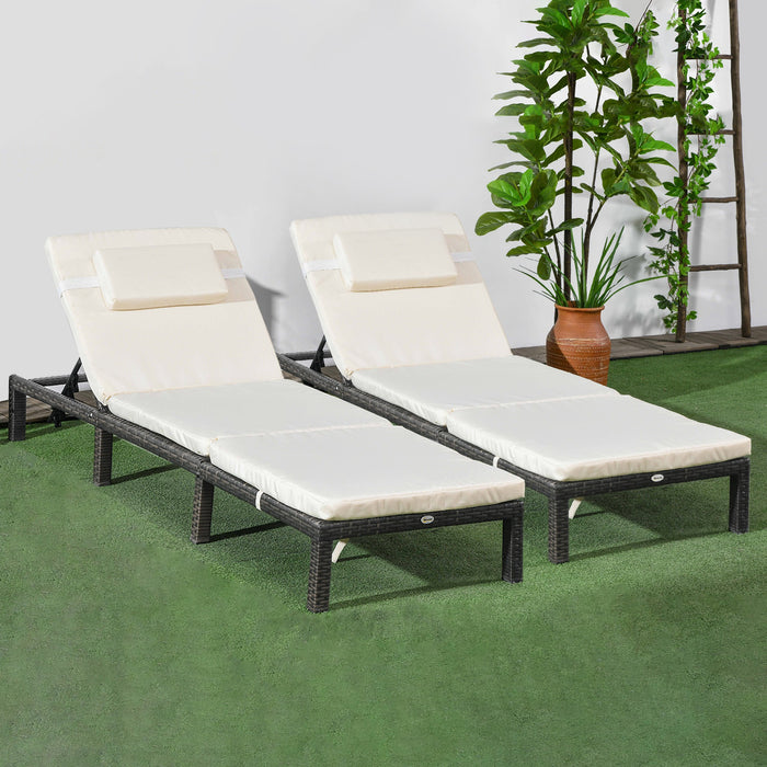 Rattan Sun Lounger Duo with 5-Position Backrest - Wicker Patio Recliners with Cushions and Headrests - Ideal for Outdoor Relaxation and Garden Comfort, Cream White