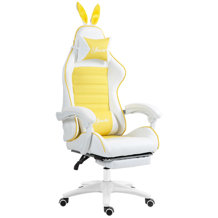 Racing Style Gaming Chair with Removable Rabbit Ears - PU Leather Adjustable Recliner, Footrest, Lumbar & Headrest Support, in Vibrant Yellow - Comfort for Gamers and Home Office Use