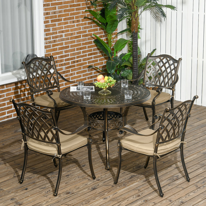 4-Seater Cast Aluminium Patio Dining Set - Antique Bronze Garden Table & Chairs with Cushions and Umbrella Hole - Elegant Outdoor Meal Space for Families