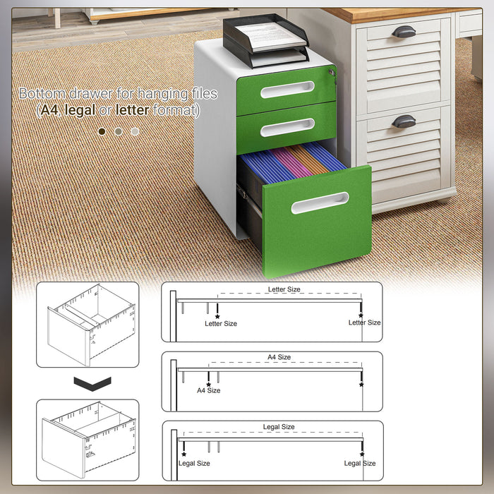 Vinsetto 3 Drawer Filing Cabinet, Steel Lockable File Cabinet with Lock and Wheels, for A4, Letter, Legal Sized Files, Green | Aosom UK