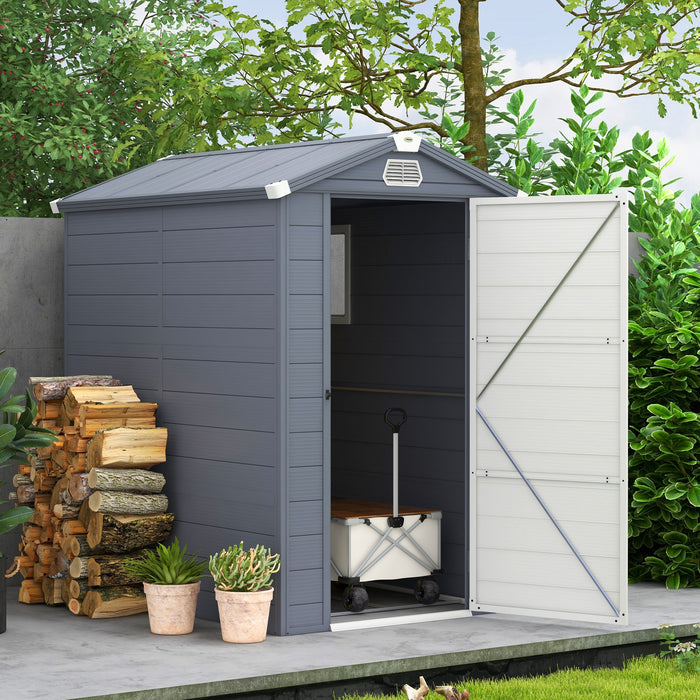 4 x 6ft Garden Shed with Foundation Kit - Polypropylene Outdoor Tool Storage, Ventilation Slots, Lockable Door, Grey - Ideal for Garden Equipment Security and Organization