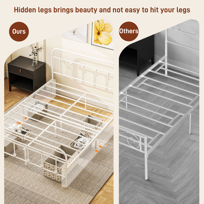 Double Platform Bed Frame with Underbed Storage - 4ft Steel Slat Design & Tall Headboard, No Box Spring Required - Space-Saving Easy Assembly, White