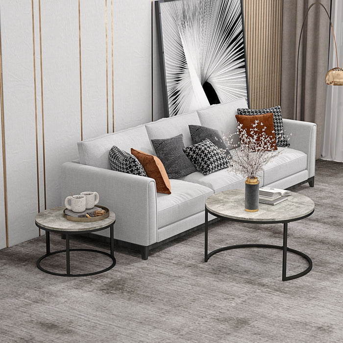 Round Nesting Coffee Table Duo - Faux Cement Finish with Robust Steel Frame - Ideal for Living Room Space Optimization