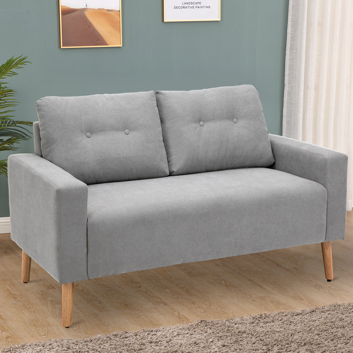 Compact Grey Loveseat - Double Seat Fabric Upholstered Sofa with Tufted Back Cushions - Cozy Living Room Furniture for Small Spaces