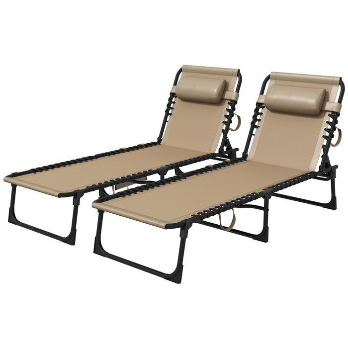 Folding Sun Lounger 2-Pack - Adjustable Reclining Camping Cot with Side Pocket and Pillow - Perfect for Patio, Garden, Beach, Pool Relaxation, Beige