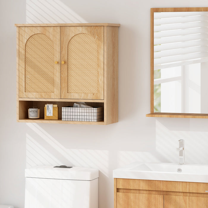 3-Tier Bathroom Cabinet - 2 Rattan Doors and Open Shelf Design, Natural Color - Ideal Storage Solution for Bathrooms