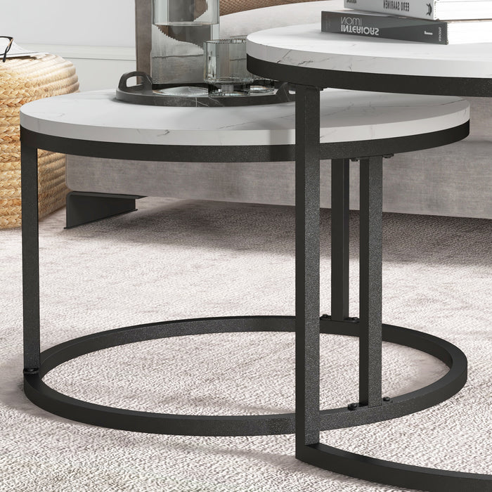 Industrial Nesting Coffee Table Set - Round Faux Marble Top with Sturdy Steel Frame - Ideal for Living Room Space Optimization