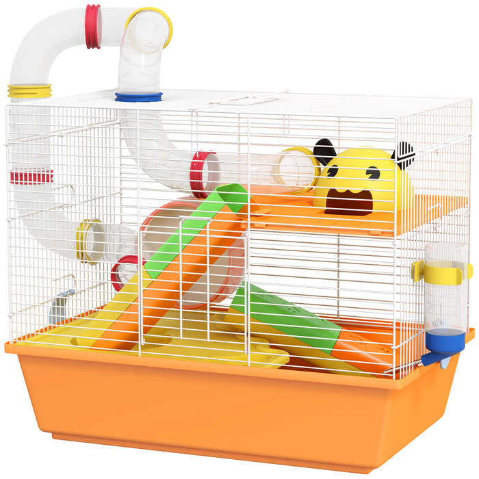 Trio-Tier Gerbil Haven - Spacious Hamster Cage with Fun Tubes and Exercise Wheel, Includes Ladder and Top Handle - Ideal Pet Home for Small Rodents, 45x28x37 cm, Vibrant Orange