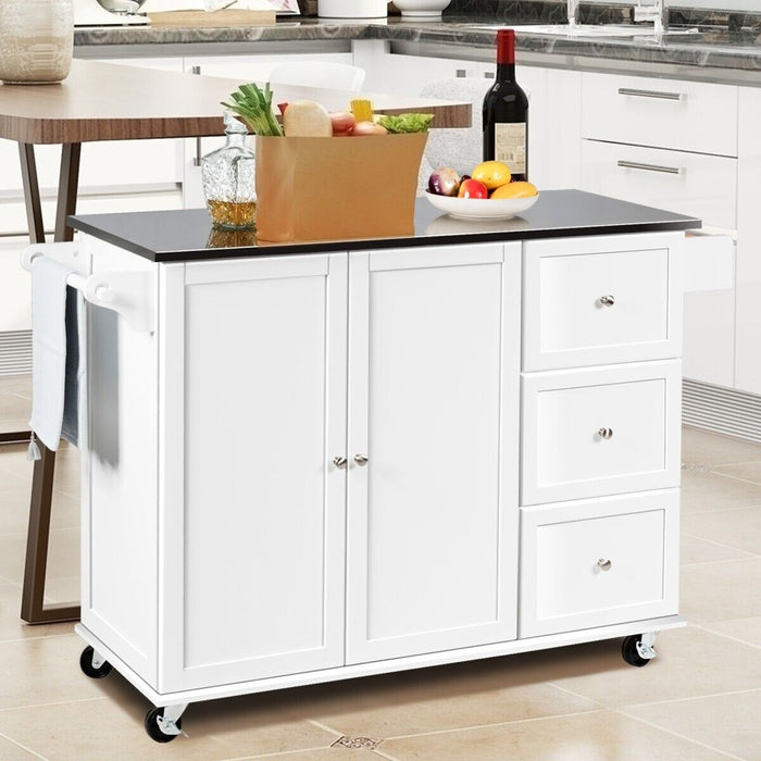 Kitchen Craft - 2-Door White Rolling Island Cart with 3 Drawers - Ideal Storage Solution for Your Kitchen