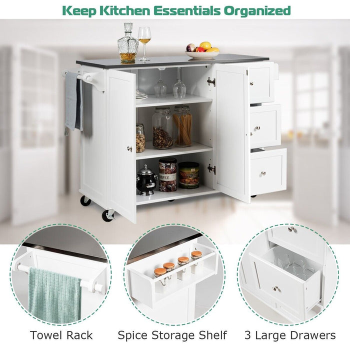 Kitchen Craft - 2-Door White Rolling Island Cart with 3 Drawers - Ideal Storage Solution for Your Kitchen