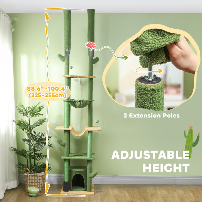 PawHut 225-255cm Height Adjustable Floor to Ceiling Cat Tree, Tall Cat Tower for Indoor Cats w/ Scratching Posts - Green | Aosom UK