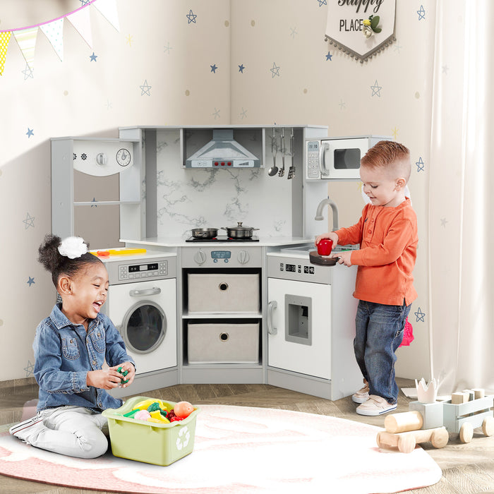 Kids' Corner Play Kitchen - Wooden with Lights and Water Circulation System, Grey - Ideal for Creative Child Roleplay