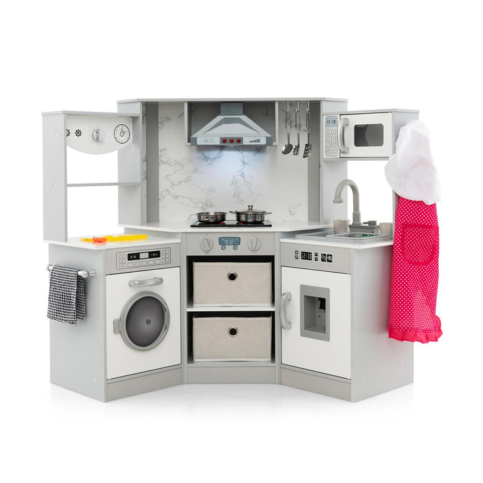 Kids' Corner Play Kitchen - Wooden with Lights and Water Circulation System, Grey - Ideal for Creative Child Roleplay