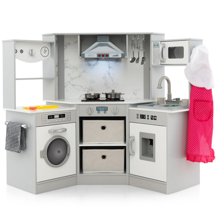 Kids' Corner Play Kitchen - Wooden with Lights and Water Circulation System, Grey - Ideal for Creative Child Roleplay