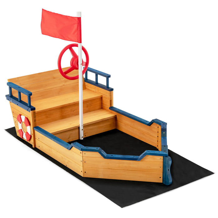 Pirate-Themed Wooden Sandboat - Bench Seat and Flag Features - Perfect Playtime Accessory for Kids