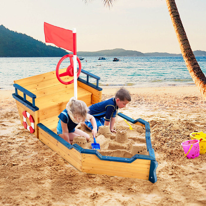 Pirate-Themed Wooden Sandboat - Bench Seat and Flag Features - Perfect Playtime Accessory for Kids