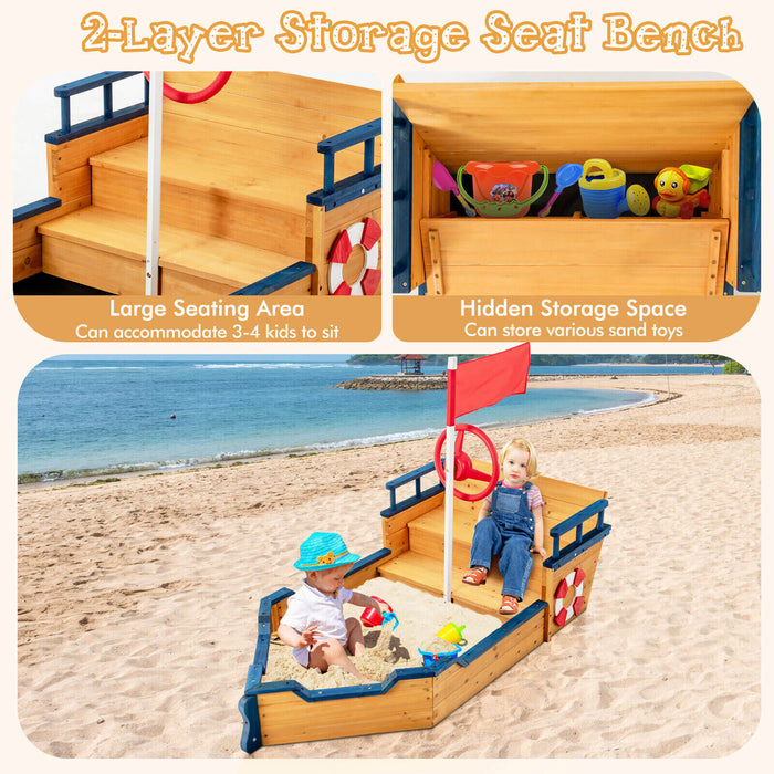 Pirate-Themed Wooden Sandboat - Bench Seat and Flag Features - Perfect Playtime Accessory for Kids