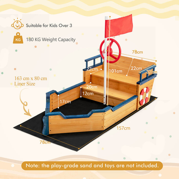 Pirate-Themed Wooden Sandboat - Bench Seat and Flag Features - Perfect Playtime Accessory for Kids