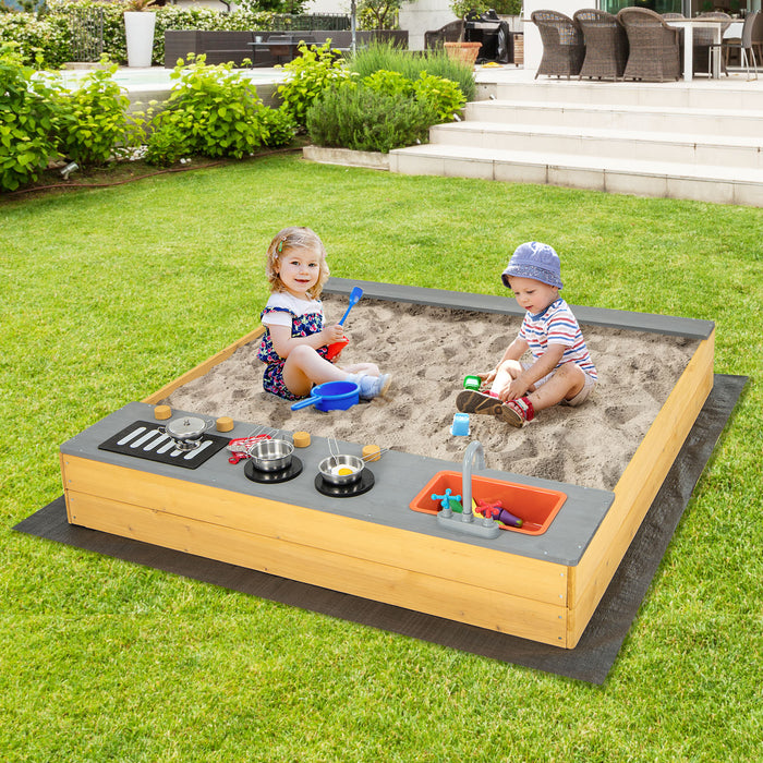 Kids Sandbox - Backyard Garden Sandbox with Kitchen Playset Accessories and Built-in Bench Seat - Ideal Play Structure for Children's Outdoor Fun