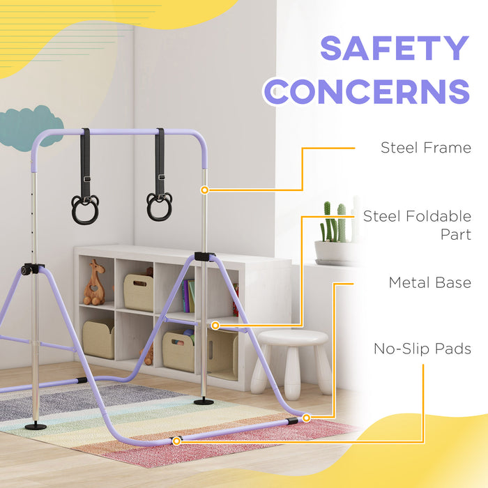 Kids Gymnastics Practice Bar - Adjustable Height & Foldable with Non-Slip Mats - Ideal for Children Aged 3 and Up, Purple