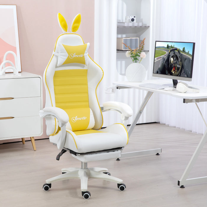 Racing Style Gaming Chair with Removable Rabbit Ears - PU Leather Adjustable Recliner, Footrest, Lumbar & Headrest Support, in Vibrant Yellow - Comfort for Gamers and Home Office Use