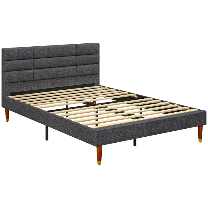 4ft5 Double Platform Bed - Upholstered with Tufted Headboard, Underbed Storage, Wood Slat Support - No Box Spring Required, Space-Saving Design