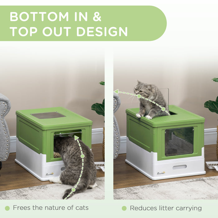 Portable Hooded Cat Litter Box with Scoop - Lime Green Front Entry Pet Toilet - Ideal for Indoor Cat Privacy and Odor Control