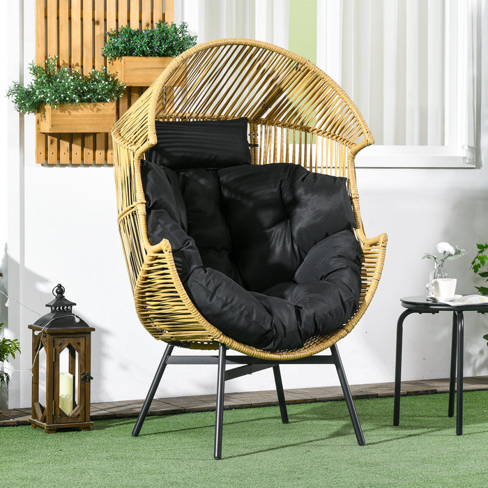 PE Rattan Garden Egg Chair - 14cm Thick Cushion and Steel Frame with Comfortable Headrest - Ideal for Patio Relaxation with Adjustable Feet, Sand Color