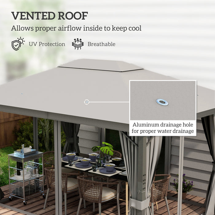 Aluminium Frame Patio Gazebo Canopy 4x3m - Vented Roof with Netting and Curtains in Grey - Ideal Outdoor Shelter for Garden and Deck Entertainment